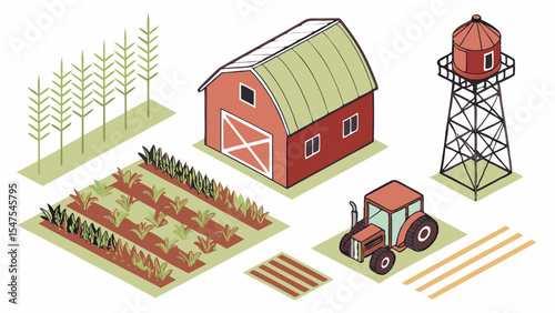 Isometric farm illustration barn tractor water tower crops field agriculture rural landscape