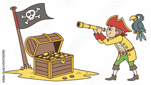 Cartoon pirate character looking through telescope with treasure chest gold coins parrot flag kids adventure fantasy