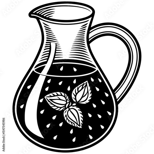 Pitcher of refreshing drink with leaves isolated on white background