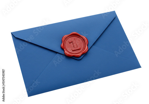 Isolated Blue Envelope with Red Wax Seal Number One