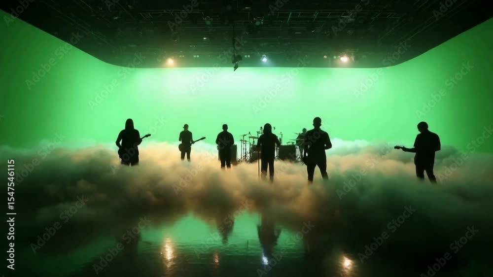 Musical Shadows: Silhouetted figures of a band perform on a stage shrouded in ethereal mist against a vibrant green screen backdrop.