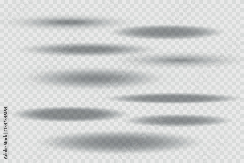 Different realistic round shadow, soft shapes on transparent background. Gray circular and ellipse shadows set. Vector illustration.