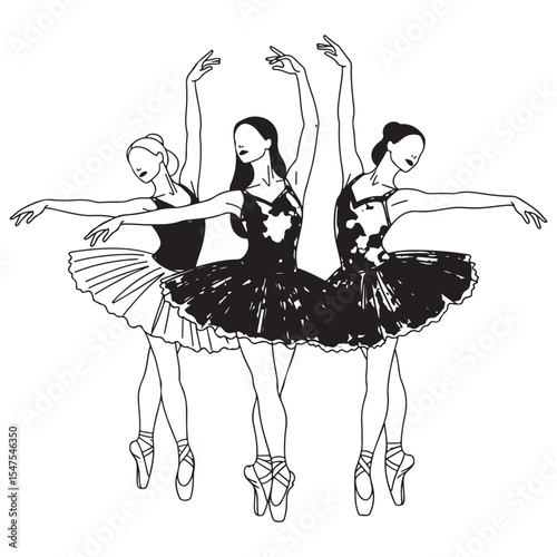 Three Ballerinas in Black Tutus Pointe Shoes Sketch