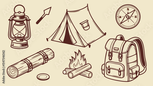 Hand drawn sketch illustration of camping and outdoor adventure gear set tent backpack campfire compass lantern sleeping bag