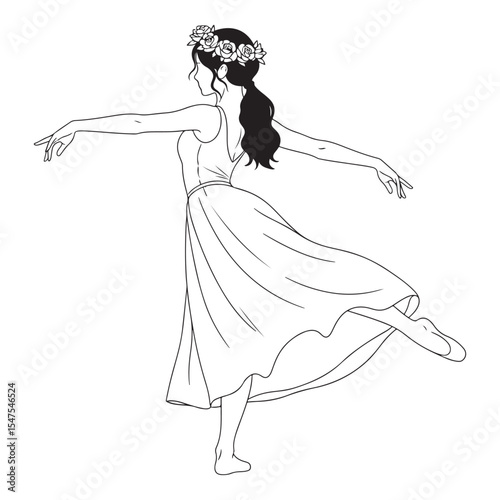 Ballerina in Flowing Dress Rose Wreath Black Line Art