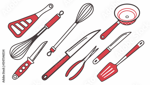 Kitchen utensils set simple line art illustration cooking tools with red handles