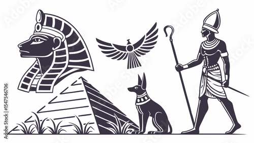 Ancient Egypt vector illustration set with pharaoh, pyramid, Anubis god, and Horus symbol.