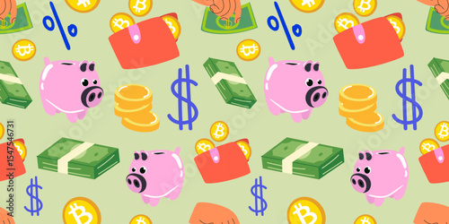 Vector finance seamless pattern. Money, bitcoin and crypto concept. Cartoon background with dollars, piggy bank, money, wallet, coins. Print for textile, fabric, wallpaper