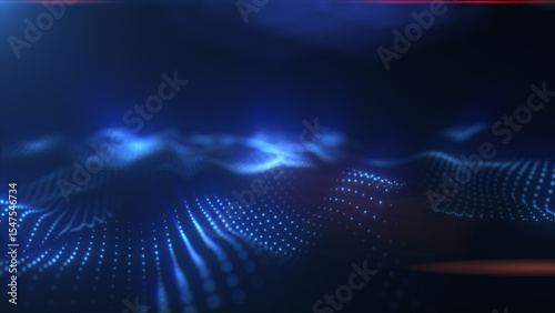 Abstract blue digital particles forming wave patterns with soft glow, futuristic tech background