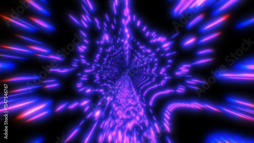 Abstract tunnel of glowing violet and blue light beams converging into a vanishing point