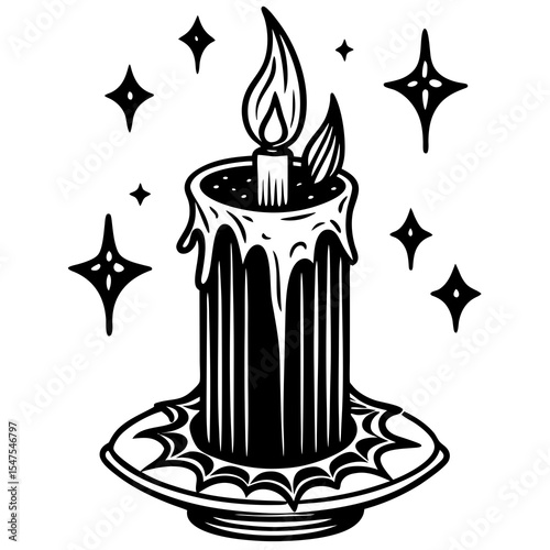 Burning candle with melting wax and stars isolated on white background