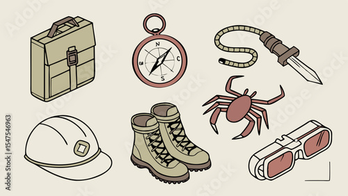 Essential Adventure Exploration Travel Fieldwork Gear Collection Compass Briefcase Hard Hat Boots Knife and Spider