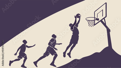 Basketball player action sequence silhouette sport game movement jump shoot hoop graphic