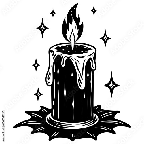 Burning candle with dripping wax and stars isolated on white background