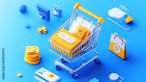 3D shopping cart with online purchases