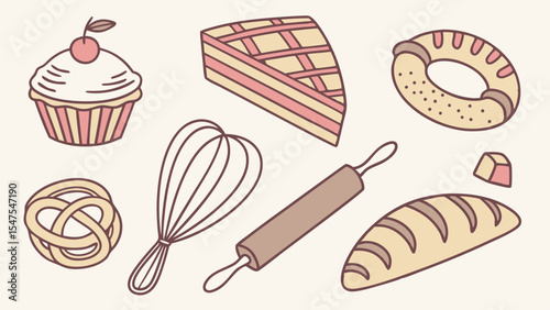 Baking and bakery items hand drawn vector illustration set collection pastry dessert food bread cake pie bagel pretzel whisk rolling pin