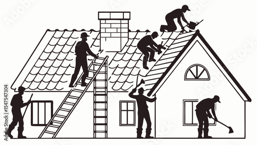 Residential house exterior renovation and repair construction project with team of workers on roof home improvement builders contractors