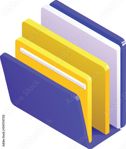 Isometric illustration of a purple folder with yellow and white files