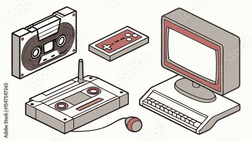 Retro Computer Monitor Keyboard Mouse Game Controller Cassette Tape and Disk Isometric Illustration Vintage Technology