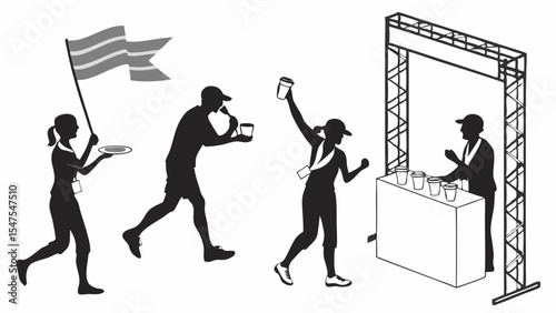 Silhouette runners at marathon finish line celebrating victory getting water and support crew with flag outdoor event