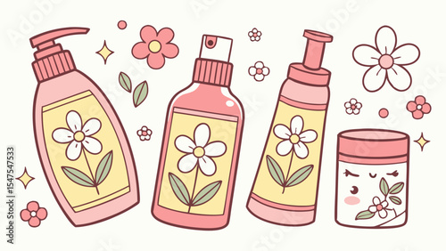 Cute pink hand drawn kawaii beauty and skincare products illustration with flowers and leaves