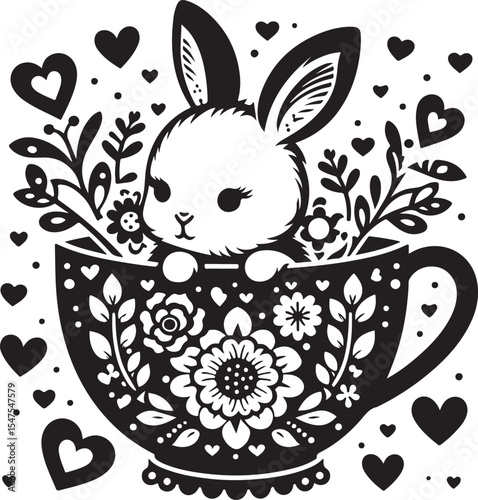 Cute Floral Bunny in Teacup SVG

