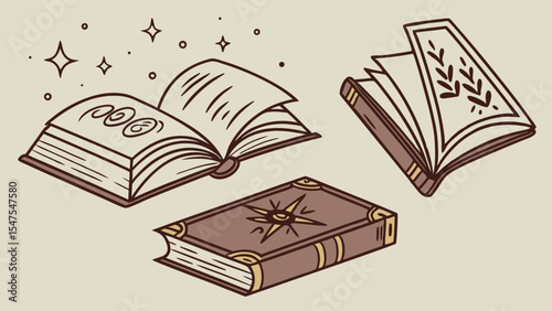 Vector Illustration Set of Fantasy Magic Books Grimoire Spellbook Ancient Mystical Knowledge Reading Study Storytelling