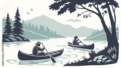 Vintage illustration. People canoeing on a lake. Outdoor nature adventure landscape with mountains and trees.