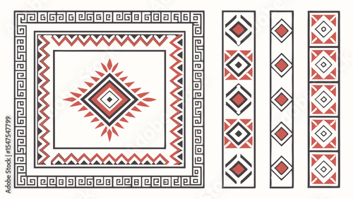 Geometric Ethnic Pattern Design Elements with Diamond Shapes and Borders in Red and Black Tribal Style Ornament