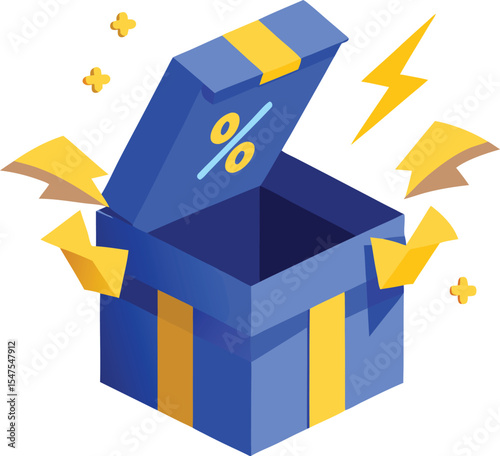 Isometric illustration of a blue gift box with percentage sign