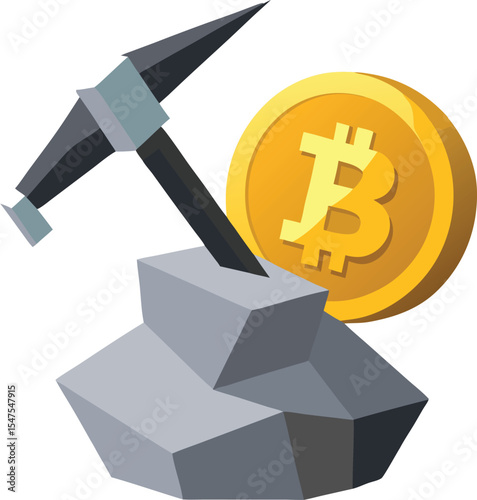 Bitcoin mining illustration pickaxe and gold coin