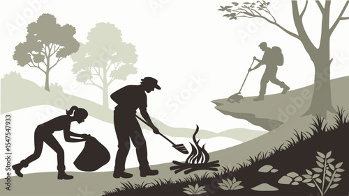 People cleaning up nature campfire hiking silhouette vector illustration