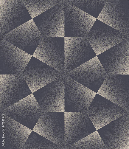 Repetitive graphic geometric symmetrical ornament with hexagonal arabesque elements and soft pointillism shading. Seamless pattern abstract dotwork vector background. Vintage halftone art illustration