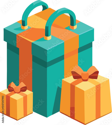 Three colorful gift boxes with ribbons and handles