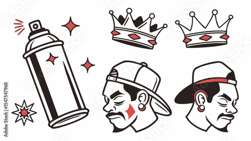 Street art vector design elements set graffiti spray paint can crowns and urban hip hop style male portraits