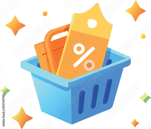 Shopping basket with discount coupons and percentage sign