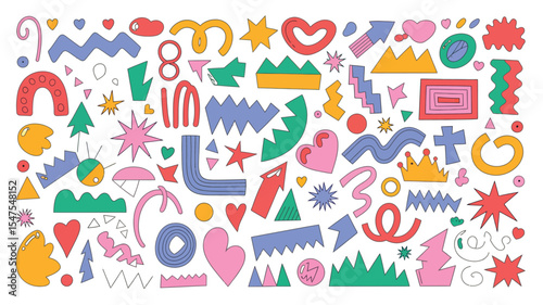 odern basic shapes set: star, arrow, triangle, circle, heart, zigzag, spiral, wavy lines. Trendy Memphis geometric pattern. Cool abstract background in retro 80s, 90s style. Cute kid doodle design