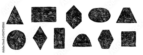 Crayon hand drawn black geometric shapes set. Pencil or charcoal texture. Circle, square, triangle and rectangle. Vector texture illustration