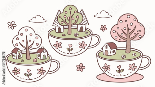 Cute sweet whimsical fantasy landscape with houses and trees inside teacups illustration drawing art