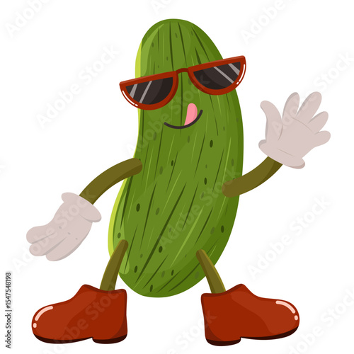 vector illustration of a pickled cucumber cartoon doodle character wearing glasses and white shoes