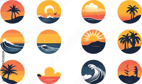 Collection of twelve minimalist vector icons featuring beach scenes sunsets palm trees waves and tropical landscapes in a round format for logo or graphic design