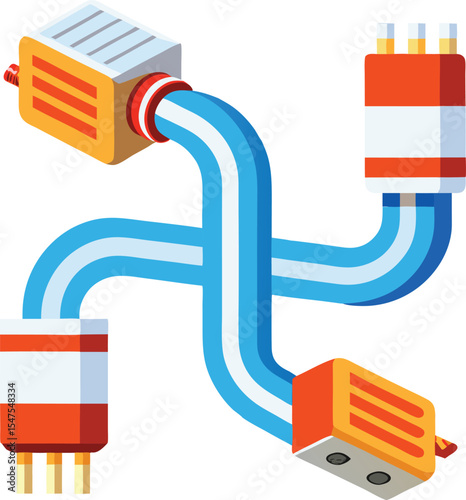 Abstract interconnected colorful blocks with curved connectors