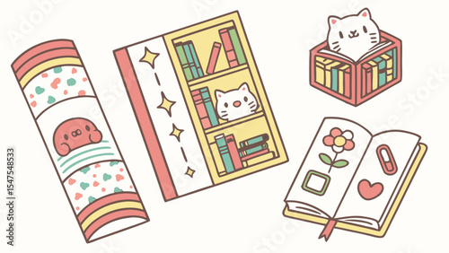 Adorable pastel illustration books bookshelf cute cats journal Simple kawaii style drawing reading education hobbies