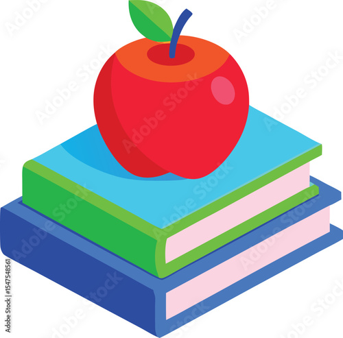 A red apple resting on stacked books illustration