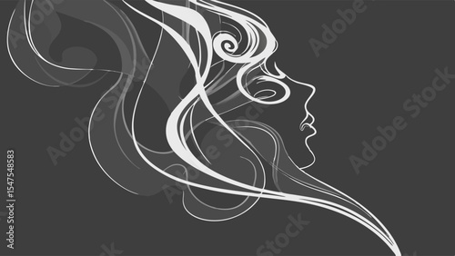 Black and white abstract woman profile art illustration with swirling lines elegant beauty design concept