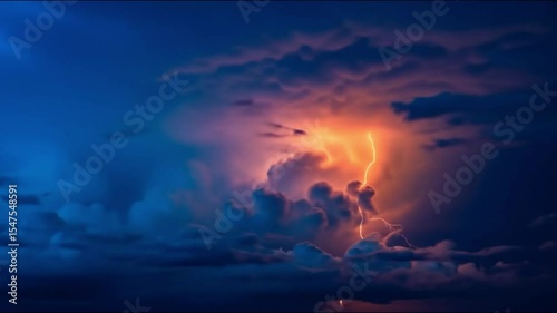 Dramatic lightning storm over the clouds with vibrant orange and blue hues in the night sky view