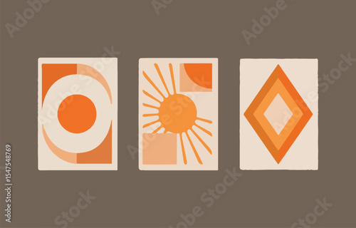 Three abstract geometric wall art prints in warm orange and beige tones for modern home decor