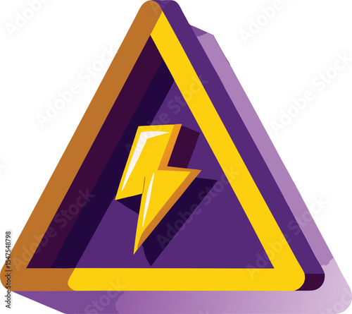 Three dimensional purple and gold warning sign with lightning bolt