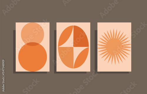 Abstract geometric wall art prints set of three minimalist orange and brown designs for modern home decor