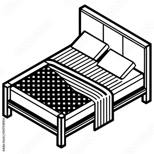 Isometric bed with pillows and blanket isolated on white background